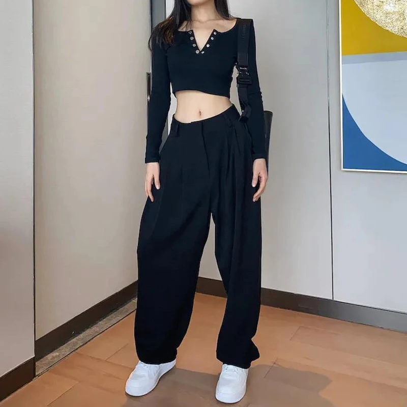 

Large Size Casual Suit Pants Women Autumn Tide High Waist Wide Leg Trousers Black Loose Straight Long Pants Female Streetwear