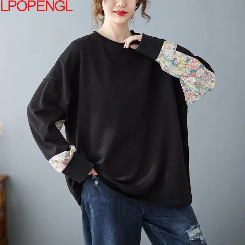 

Women's Clothes Cotton Thick Patchwork Long Sleeve O-neck Solid Colorcasual Loose Pullovers Cuff Stitching Printing Female Top