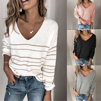 women long sleeve v neck sweater autumn winter casual stripe pullovers ladies loose knitted sweaters streetwear