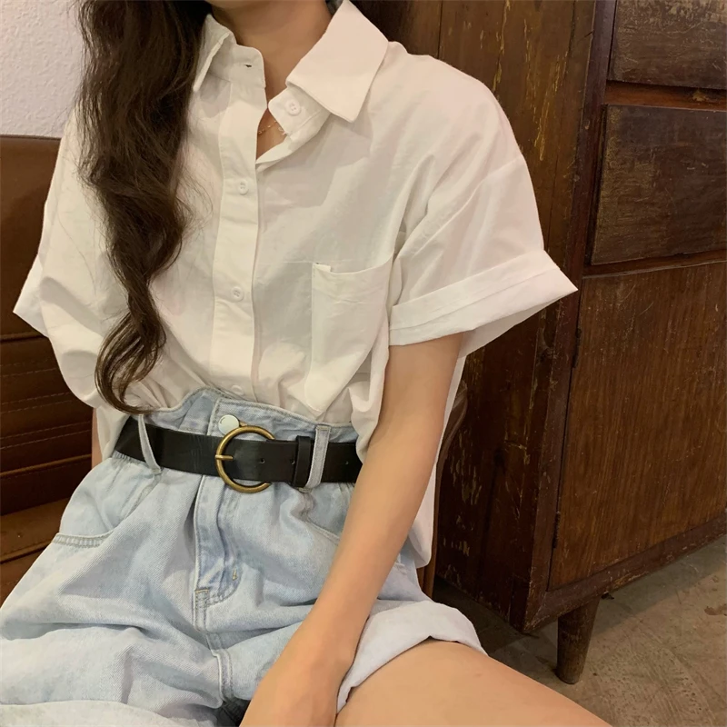 

Hzirip Hot Summer Trend New White All-Match Gentle Single Breasted 2021 Chic Fashion Loose Casual Short-Sleeved Female Shirt
