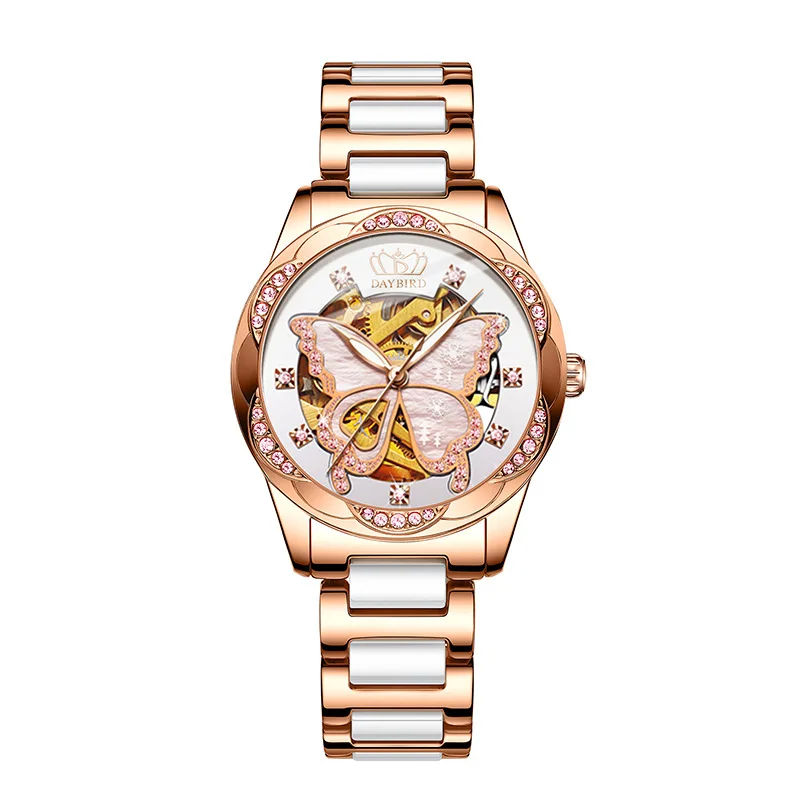 New ladies mechanical watch automatic hollow stainless steel ceramic strap butterfly watch women enlarge