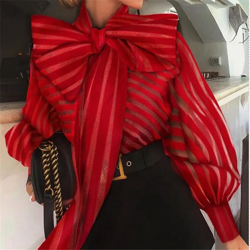 

Women Fashion Blouse Striped Lace Mesh Sheer See-through Long Sleeve Tops Shirts Lace Up Blouse Bowknot Transparent White Shirt