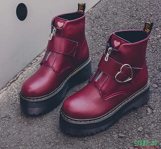 2020 New Spring Autumn Motorcycle Boots Women Fashion Love Heart Round Toe Platform Wedges Combat Boots Ladies Shoes Botas Mujer