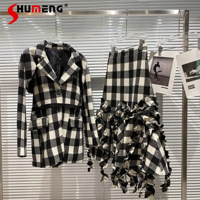 

Женский костюм с плиссированной юбкой, черный и белый клетчатый костюм в стиле ретро, осень 2021