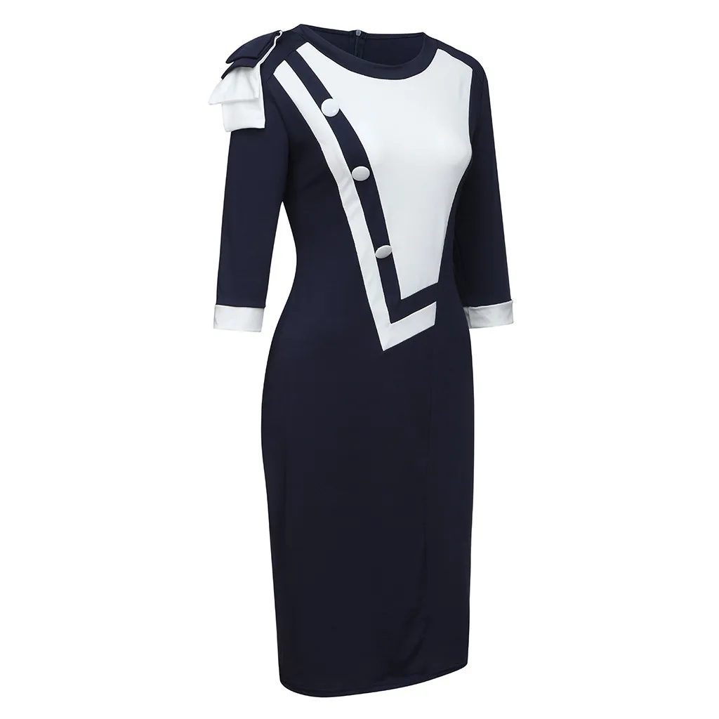 Women Dress Plus Size Casual Bowknot Shoulder Color Block Patchwork 3/4 Sleeve Sheath Dress Ol Work Vintage Dress Vestidos E1