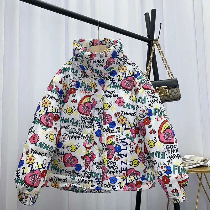 

Winter Women Parkas White Duck Down Coat Letter Print Loose Long Sleeve Hooded Lightweight Puffer Jacket Korean Short Outerwear