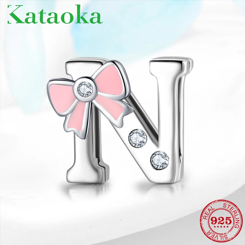 Розовый бант буквы Алфавит N Аутентичные 925 пробы серебряные шармы-клипсы бусины
