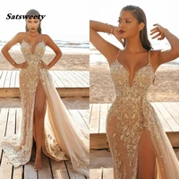 champagne mermaid high split prom dresses 2022 robes de soir%c3%a9e spaghetti straps lace beaded evening gowns overskirt sweep train