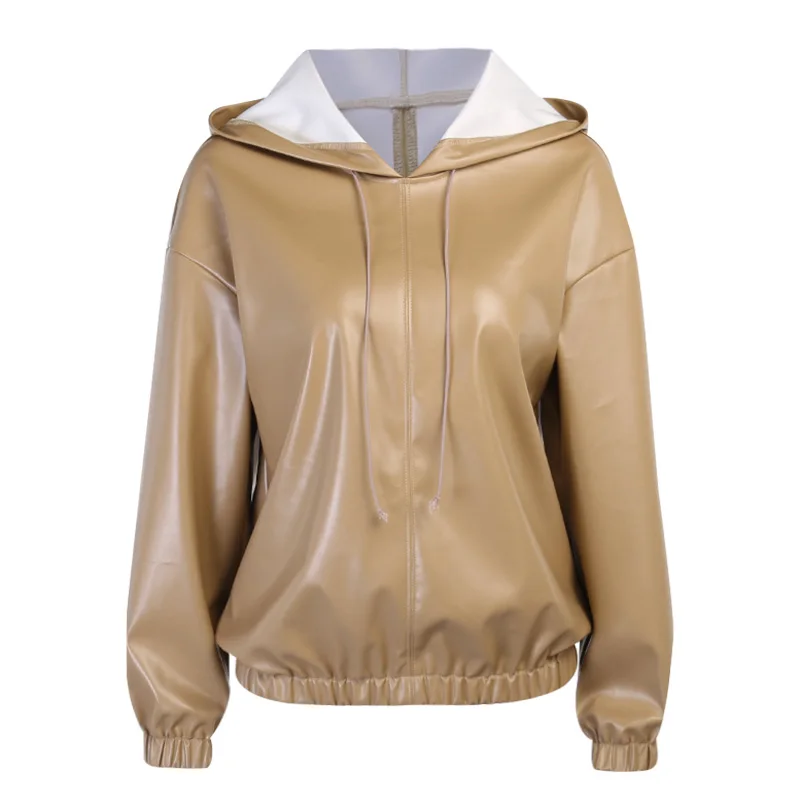 

YICIYA Faux Leather Hooded Women Streetwear Casual Winter Solid Vintage Sweatshirt 2021 Drawstring Hoodies Coat Pullover Top
