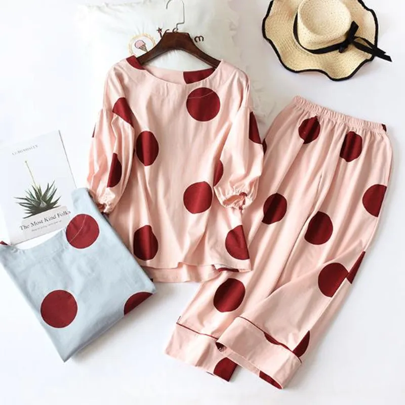 

Spring summer pajamas set full cotton women's lantern sleeve cropped trousers two piece suit ladies home clothes pijamas women