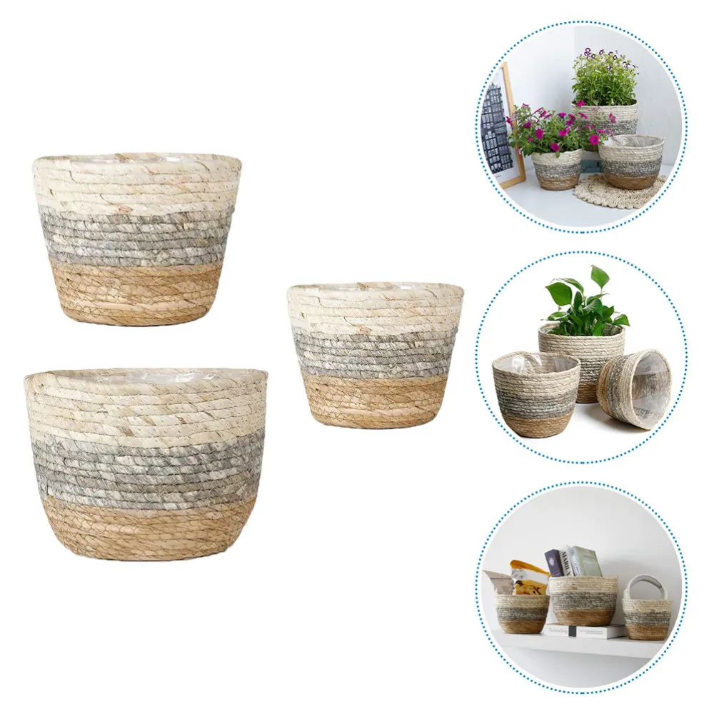 

3pcs Decorative Straw Weaving Flowerpot Decorative Flowerpot (Assorted Color)