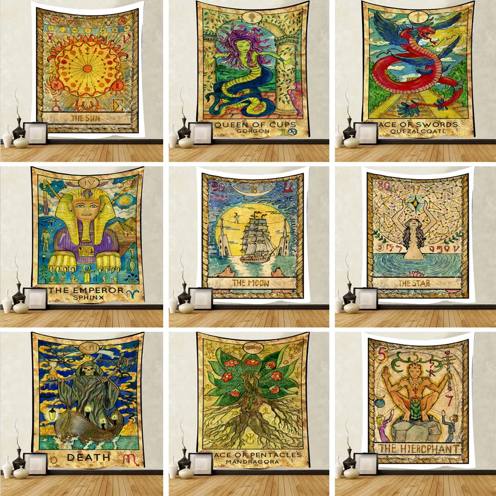 

Mystery Gothic Retro Tapestry Hand-Painted Symbol Tarot Card Tapestry Background Cloth Room Decor Sun Moon Wall Decor