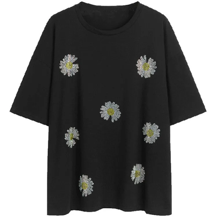 

Small daisy large version t-shirt women European fashion mid-length loose short-sleeved 2021 new summer tide