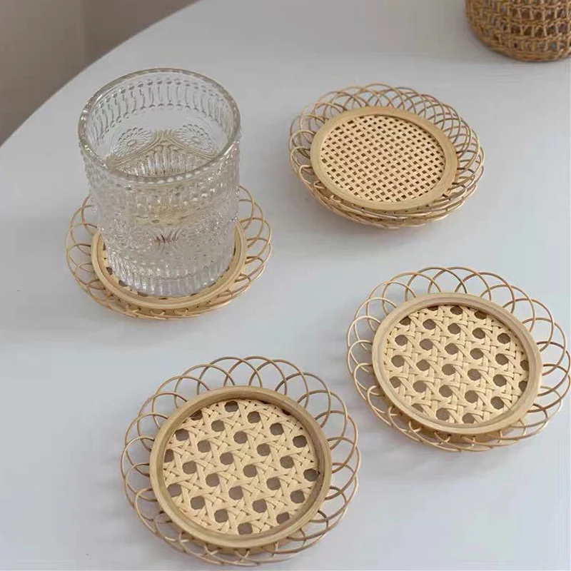 

Cup Mat Insulation Lace Rattan Snack Tray Coasterb Hand Woven Cup Pad Cup Saucer Holder Bamboo Coaster Flower Shape Coaster new