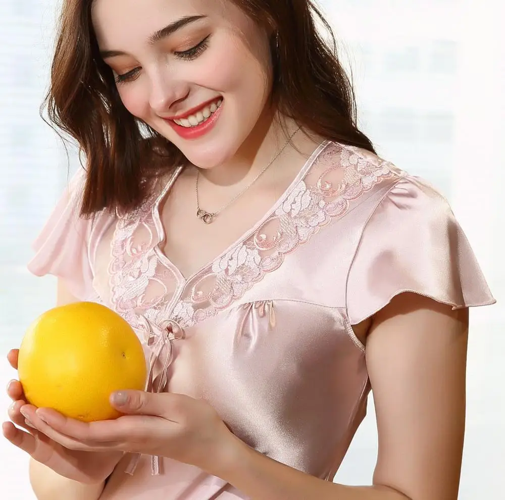 Женская сексуальная шелковая атласная ночная рубашка кружевная с коротким