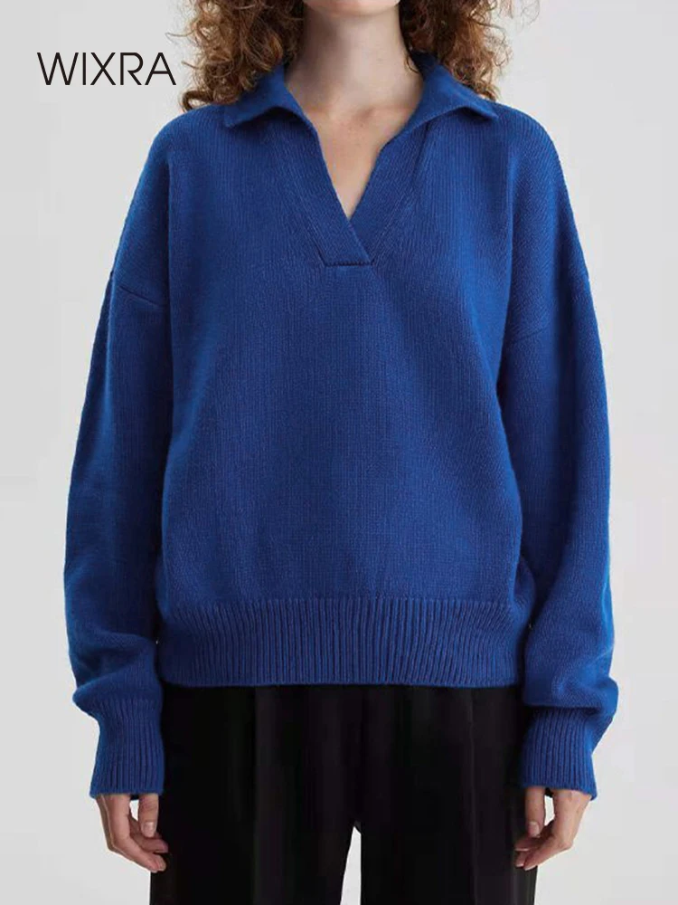 

Женские мягкие свитера Wixra, однотонный пуловер с v-образным вырезом и отложным воротником, теплый вязаный осенне-зимний женский свободный повседневный уличный Топ