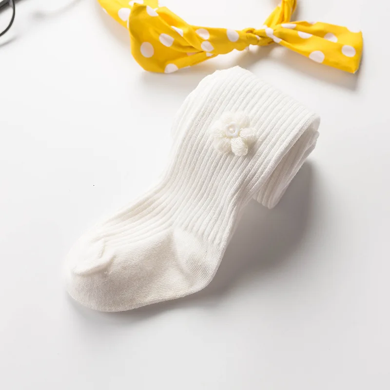 Осенние детские колготки хлопковые носки вязаные для девочек белые с цветочным