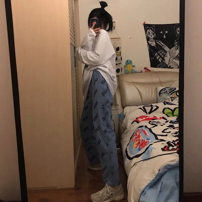 

Wide Leg Pants Blue Loose No Pockets Trousers Women 2020 Korean Style Harajuku Streetwear Women Plus Size Pants