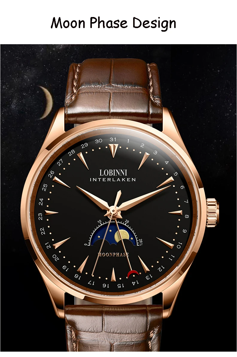 LOBINNI швейцарские мужские часы люксовый бренд Moon Phase авто механические мужские часы Сапфировая кожа relogio masculino L16012-1