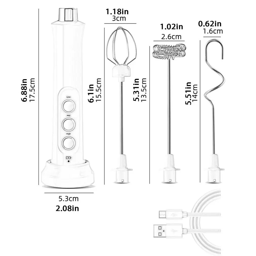 

Electric Egg Beater 3-Speeds USB Rechargeable Mixer Heads Eggbeater Frother Stirrer Coffee Milk Drink Blender