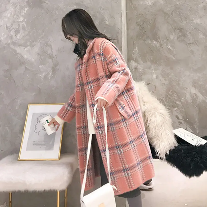 Winter Faux Mink Fur Plaid Knit Coat Jacket Outwear Women Warm Long Knitted Cardigan |