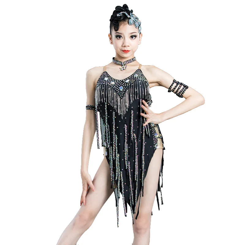 

Latin Dance Competition Clothing Children Professional Dance Dress Pearl Fringe Dress Rhinestone Cha Cha Performance Kid Dress