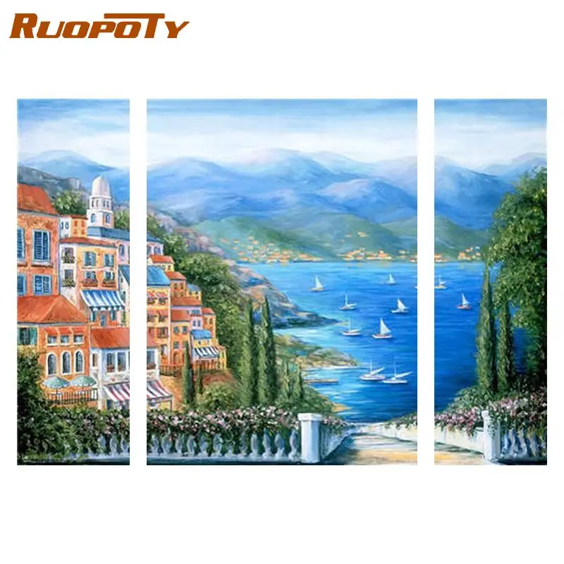 

RUOPOTY 3pc/set DIY Painting By Numbers Kits With Frame Harbor Seascape Wall Art Picture By Numbers For Home Decors Artwork