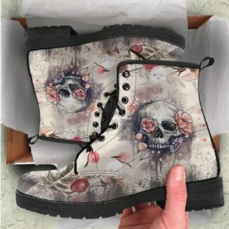 HOT Skeleton Women Snow Ankle Boots Motorcycle Skull Pansy Low Heels Shoes Vintage Pu Leather Warm Winter High Platform | Обувь