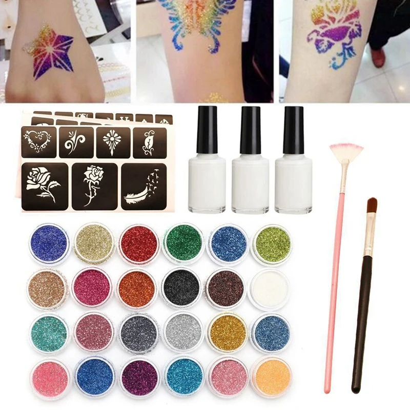 

24 цвета Блестящий полуперманентный маленький клей для татуировок разноцветный Блестящий фотографический набор для Временной Татуировки Т...