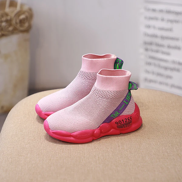 Розовый Kids Shoes Autumn Fashion Girls High Top Socks Shoes Boys Breathable Sports Sneakers Children Casual Black Trainers FH2465 - Цвет: Розовый