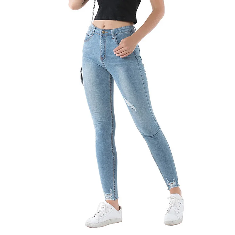 

2021 European and American jeans women's elastic hole women's small feet pencil pants trousers