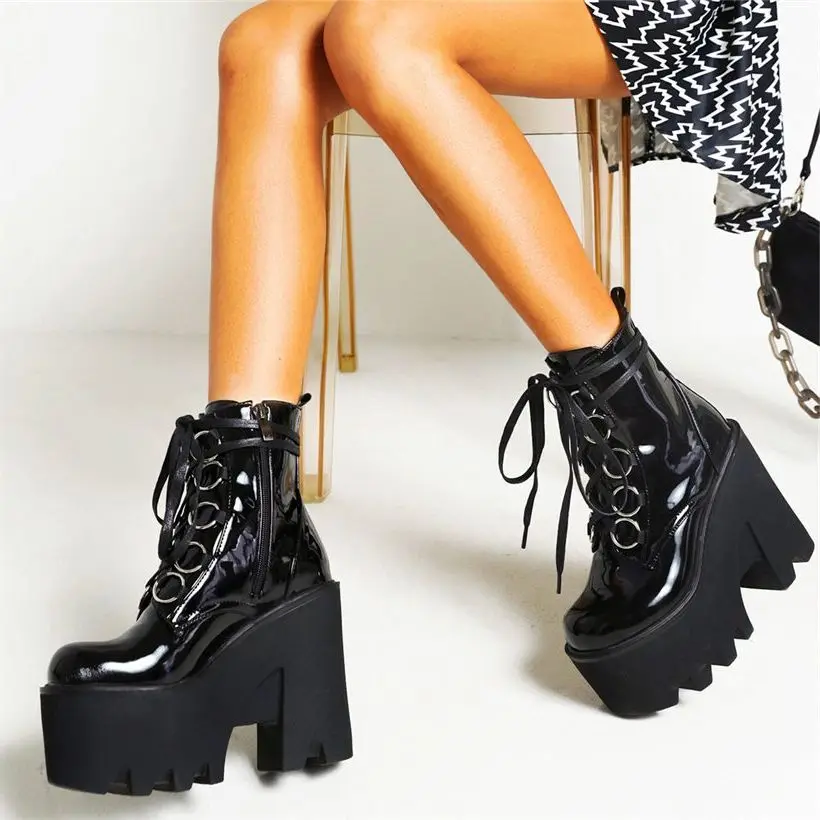 Jual Sepatu Bot Hak Tinggi Ujung Bundar Kulit Paten Wanita Pompa Platform Sepatu Creepers Gesper Berenda EUR35-43