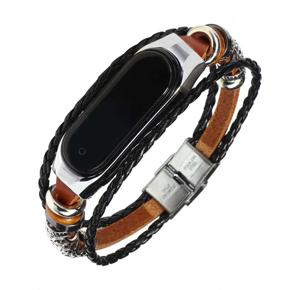 

new Suitable for Xiaomi 3 4 generation bracelet metal frame Retro national style leather for millet 4 3 watch band wristband