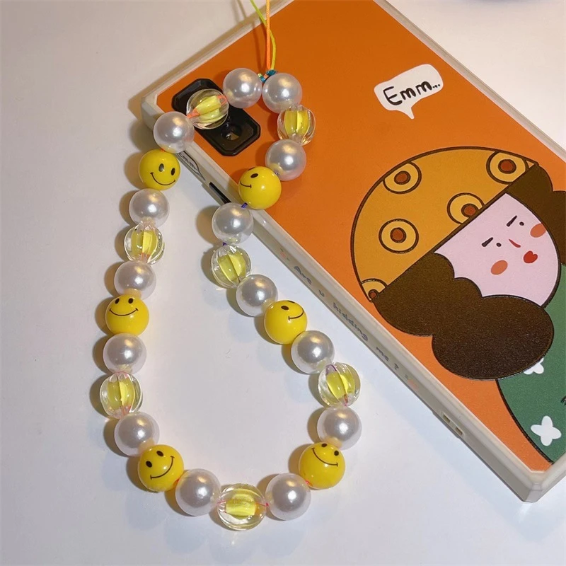 

Fashion Transparent Round Beads Imitation Pearl Yellow Smiley Face Mobile Phone Decoration Women Anti-Lost Lanyard Chain Jewelry