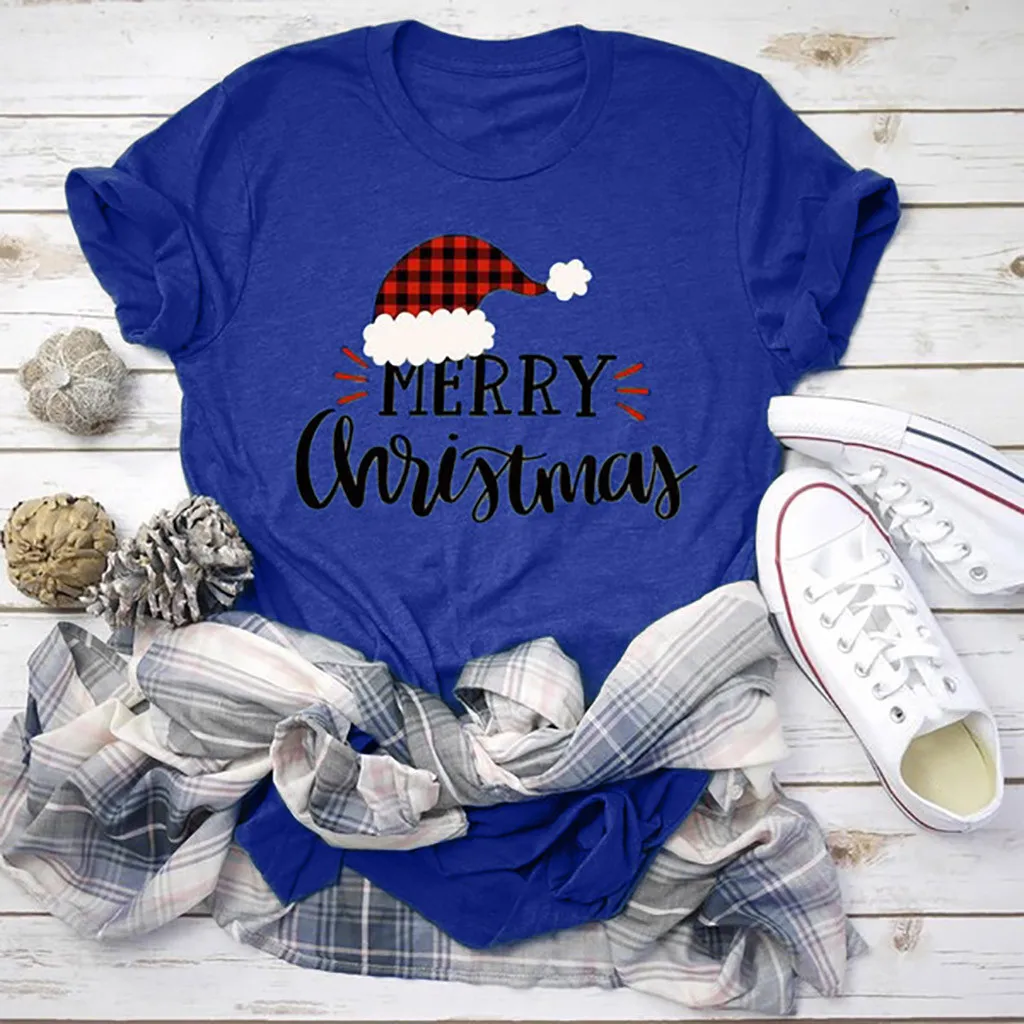 Для женщин Рождественская Футболка с принтом букв футболки круглым вырезом и