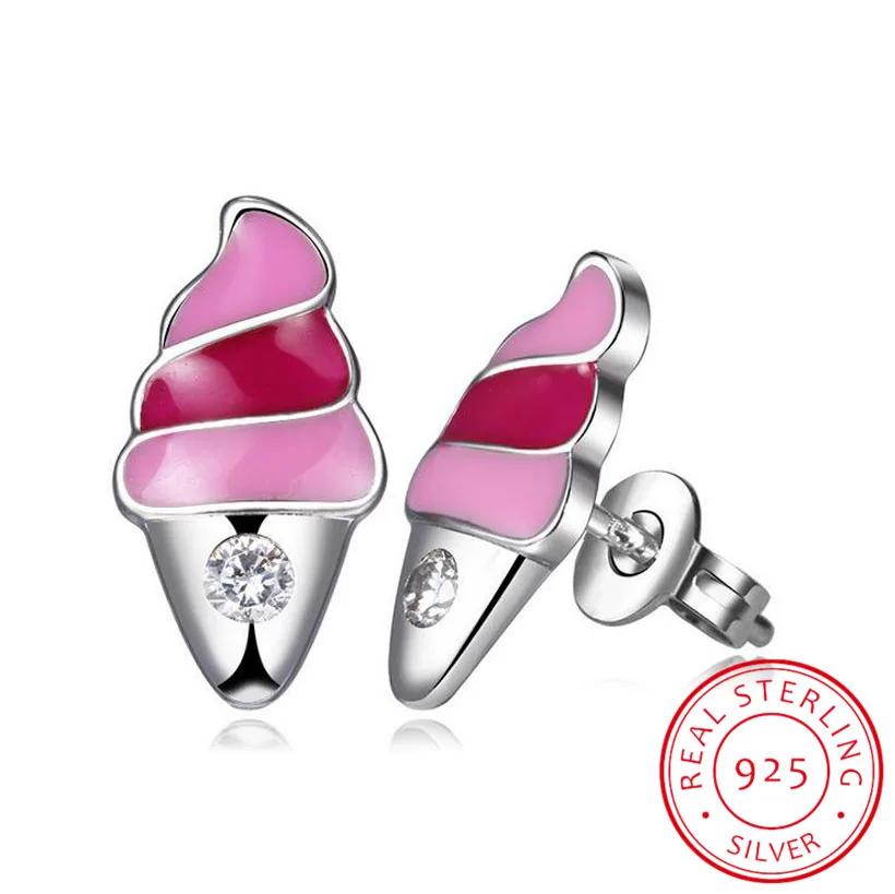 

New 925 Sterling Silver Pink Enamel Cute Ice Cream Small Stud Earring For Baby Kids Girls Cute Party Earring Korea Jewelry