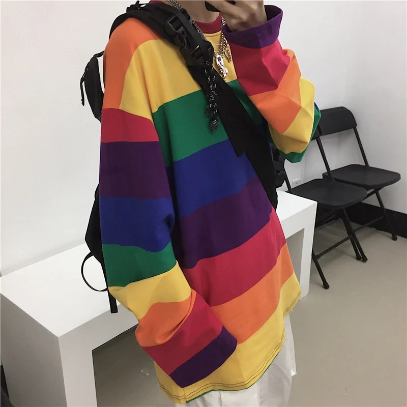 

2021 Spring Streetwear Hip Hop Causal T Shirt Women Striped T-shirt Rainbow Shirt Female Harajuku Loose Top Punk Style Top