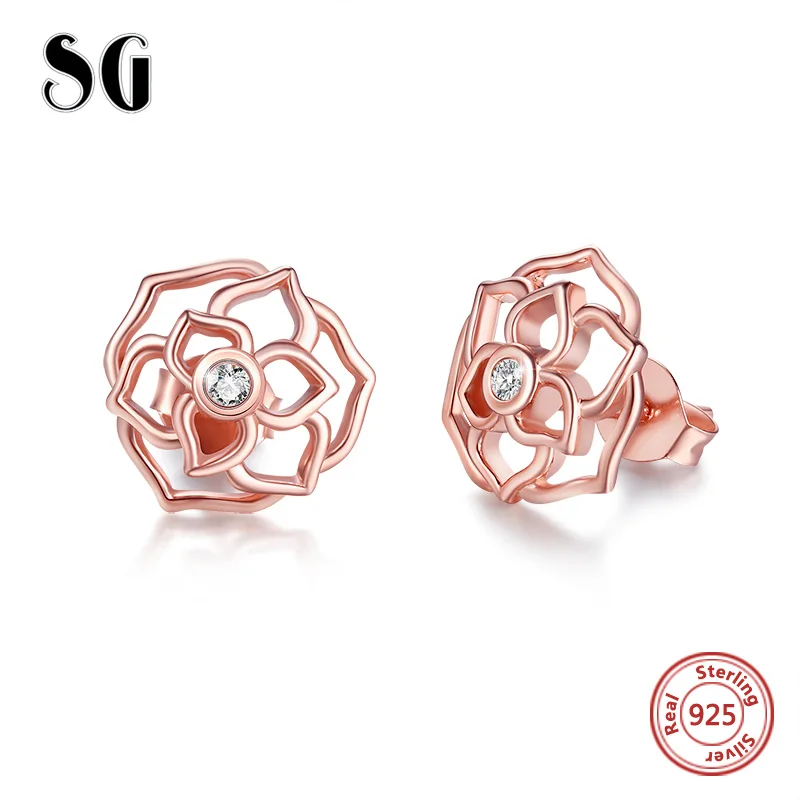 SG 925 sterling silver rose flower stud earrings with white Zircon Hollow earring for women wedding party fashion Jewelry