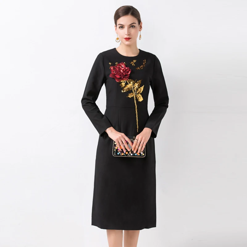 AELESEEN Роскошные расшитые блестками повседневные Черные платья для женщин Европейский офисный леди носить осень элегантный розовый узор миди платье
