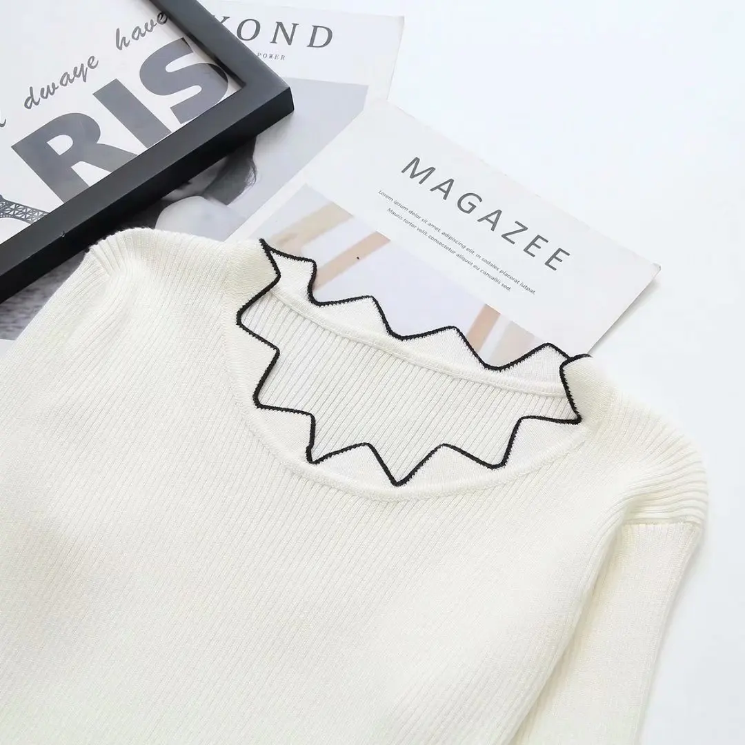 Свитер женский вязаный с волнистыми краями свободный эластичный длинным рукавом