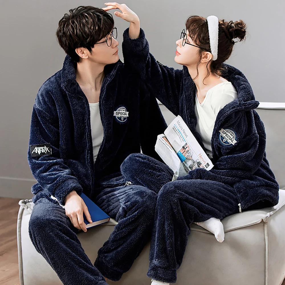 Winter Couple Pajamas Men Pajama Sets Double Sides Flannel Thick Warm Pijama Fashion Embroidery Sleep Tops Antistatic Loungewear
