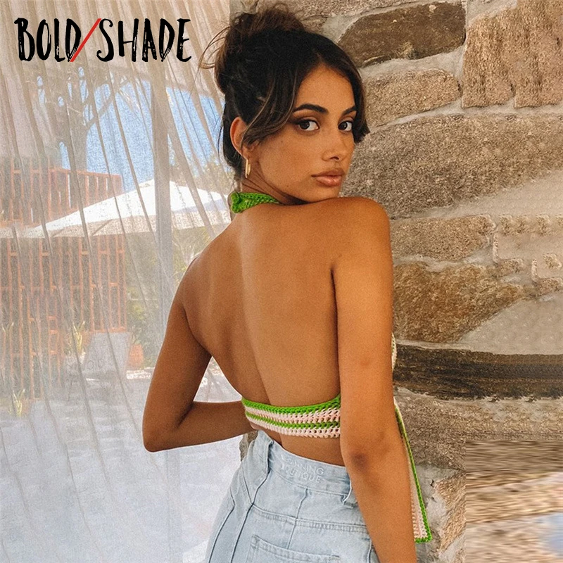 

Bold Shade Striped Print Bandage Tank Top Backless Streetwear Urban Style Women Cami Halter Tops 90s Retro Fashion Camisole 2021