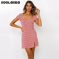 soolasea 2021 summer elegant women dress square collar floral print mini dress short sleeve backless split party dress vestidos