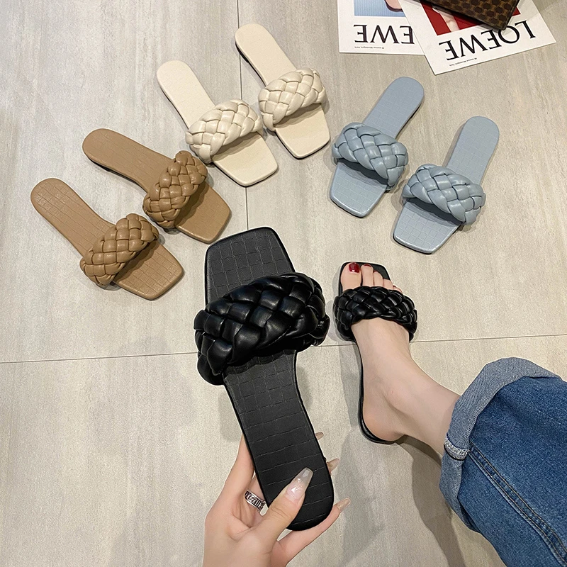

2021 New Slippers Weave Leather Women Sandal Open Toe Flat Casual Slides Summer Outdoor Beach Shoes Women's Flip Flops Adult