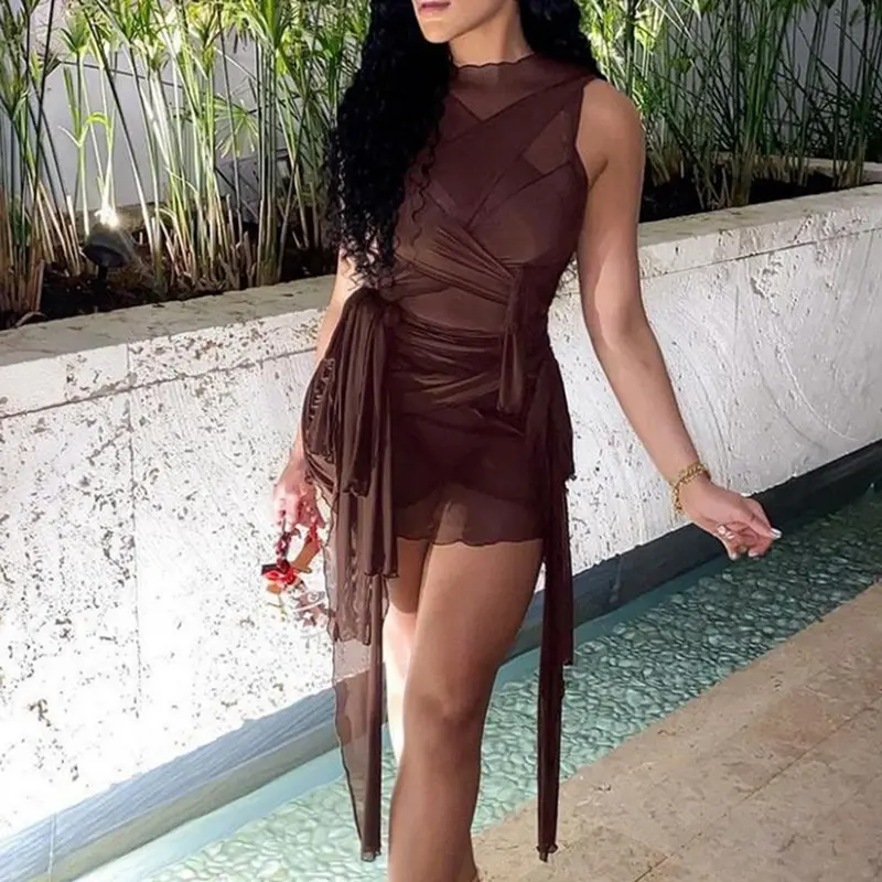 

Laamei Ribbons Mesh See Through Bodycon Party Dresses Women Sexy Clubwear Mini Dress Solid Sleeveless Basic Female Sexy Outfits