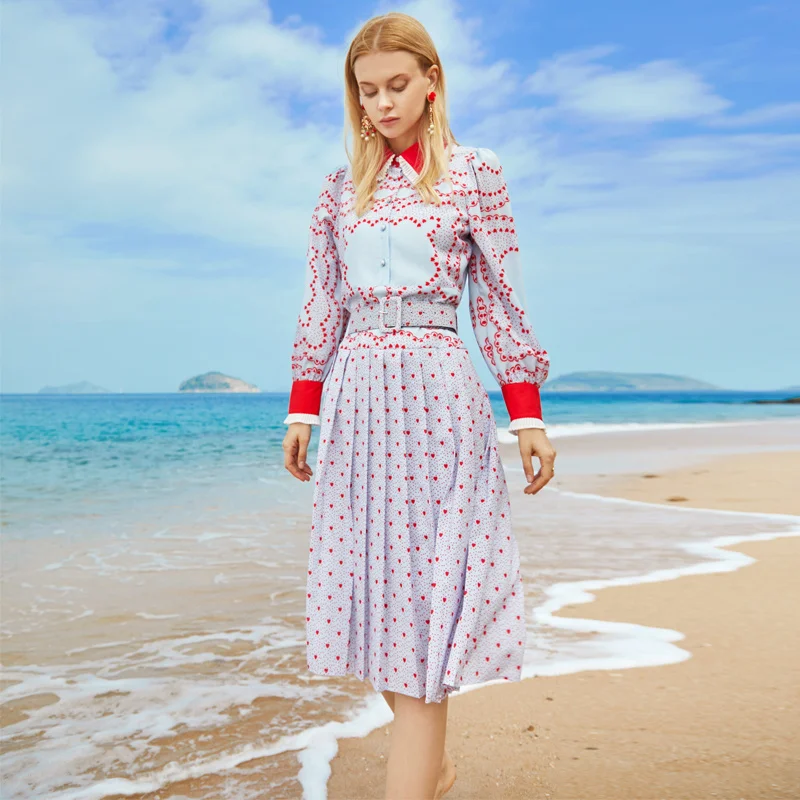 

Fashion Designer New Spring Autumn New Women'S Long-Sleeved Lapel Printed Belt Vintage Chic Runway Party Casual Midi Dress