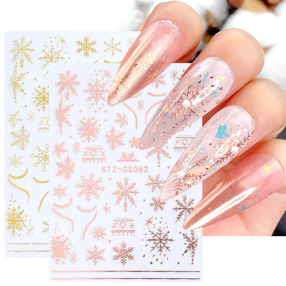 

3D Christmas Rose Gold Nail Sticker White Snowflake Santa Claus Transfer Slider Two-color Viscose Winter Nail Art Accessories
