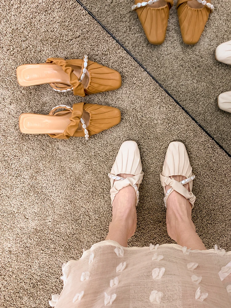 

Мюли женские на толстом каблуке, квадратный носок, жемчуг, квадратный каблук, средний каблук, модная летняя обувь, 2021