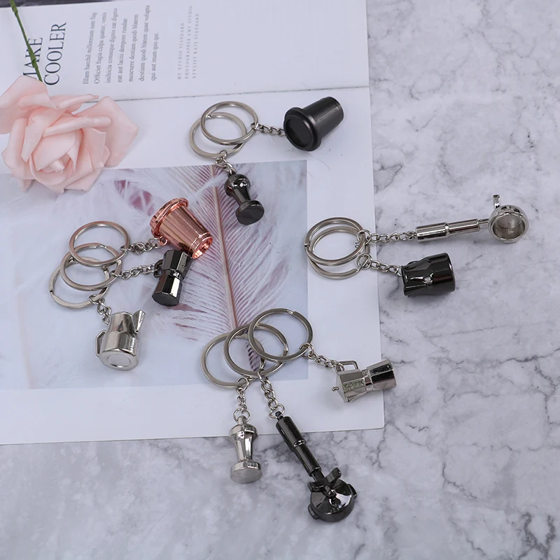 Creative Coffee Keychain Coffee Handle Keyring Portable Coffee Machine Moka Pitcher Keyring Portable Coffeeware Accessories Gift