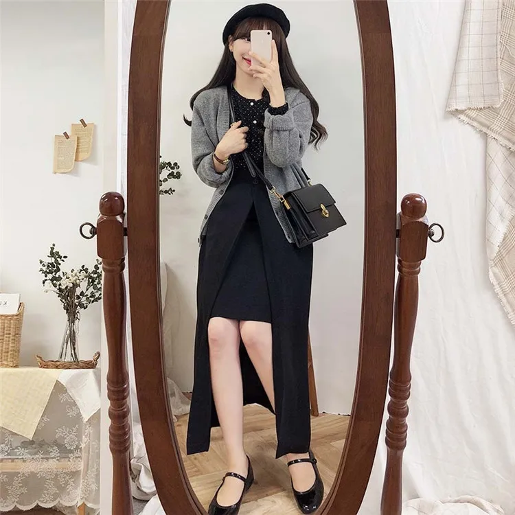 New 2021 Spring Women Fashion Casual Office Ladies Korean Style Buttons High Waist Patchwork Split Female Straight Skirt SK6121 | Женская